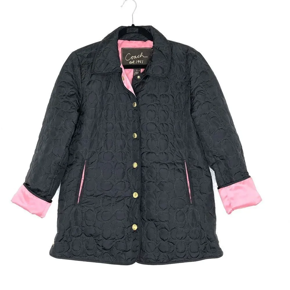 COACH Black & Pink Monogram C Logo Quilted Jacket Size S Satin Pink lining NWT - Picture 1 of 9